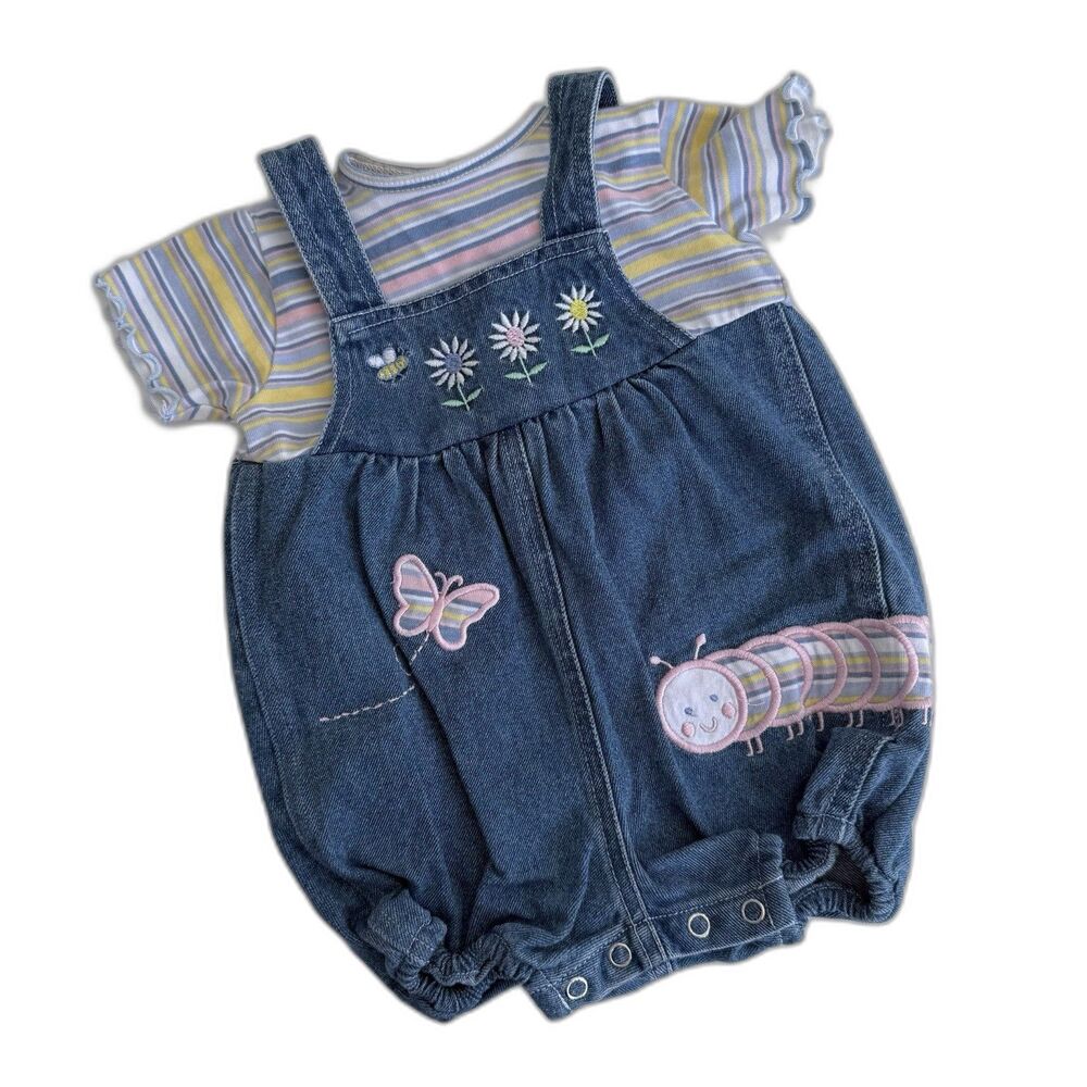 Vtg Nannette Baby 3-6M Bubble Romper Denim Caterpillar Butterfly Embroidered